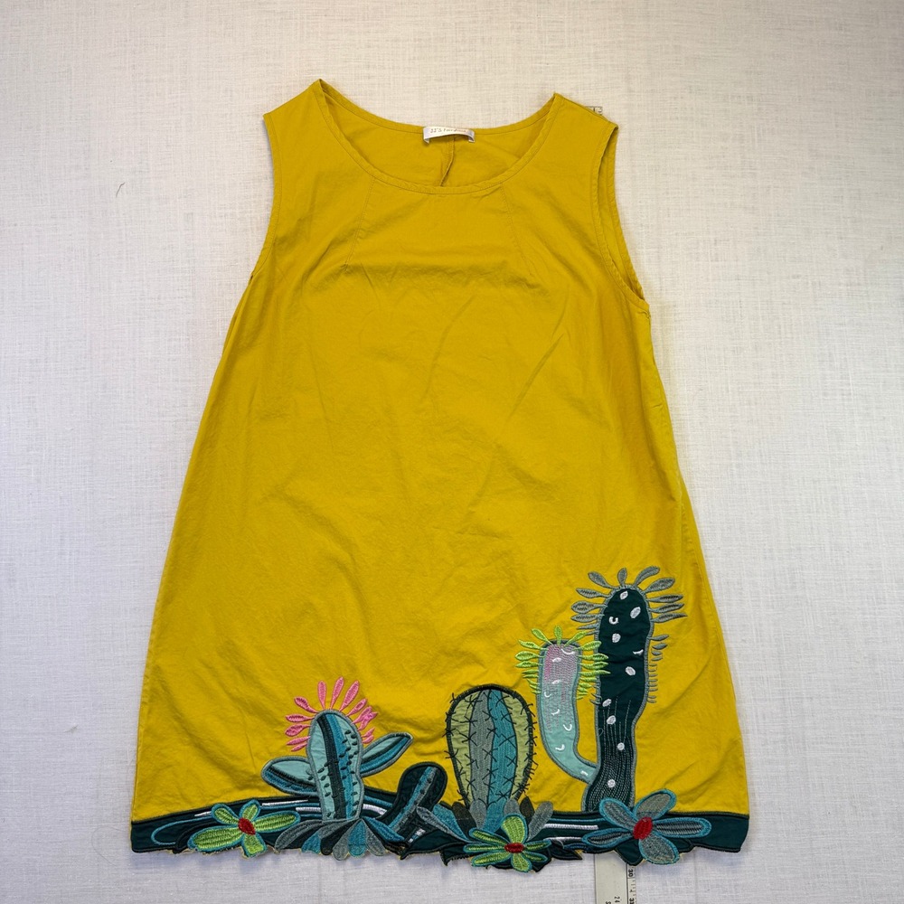 JJ'S Fairyland Cactus Embroidered Shift Dress Size Small‎ Mustard Yellow Womens